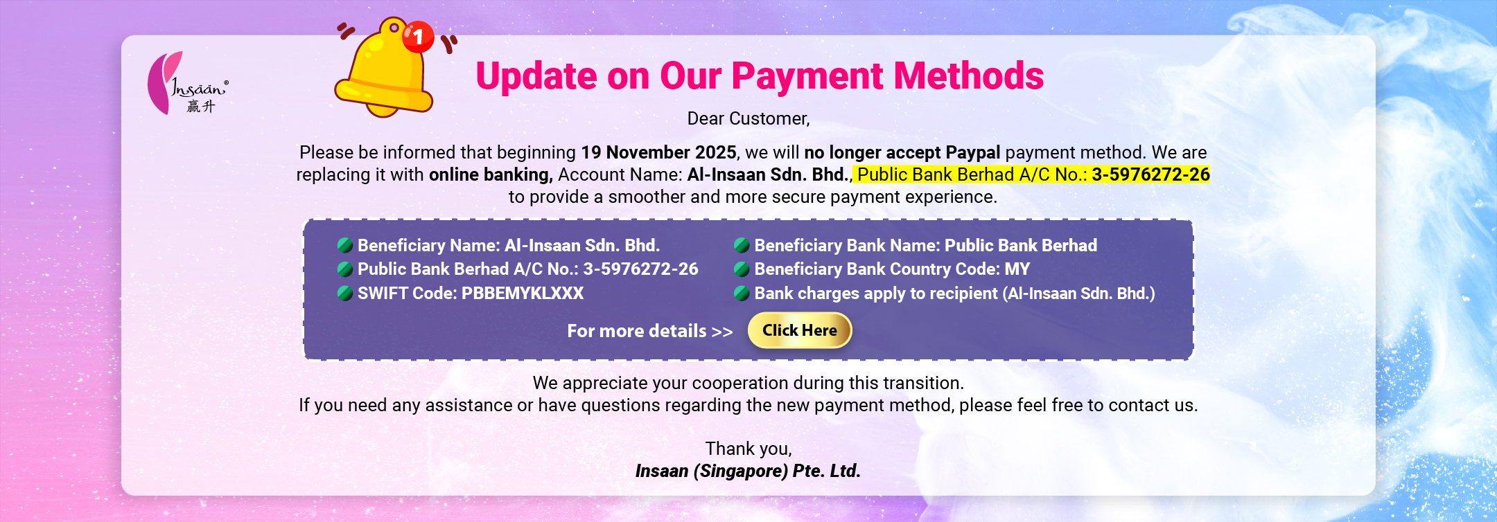 Update on Our Payment Methods